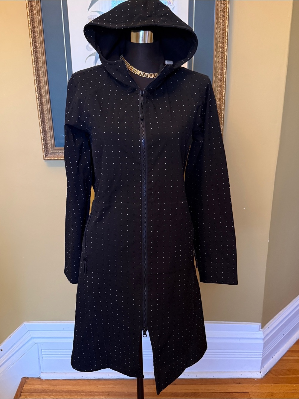 lululemon athletica Black Hooded Long Zip Coat with Subtle Dot Pattern